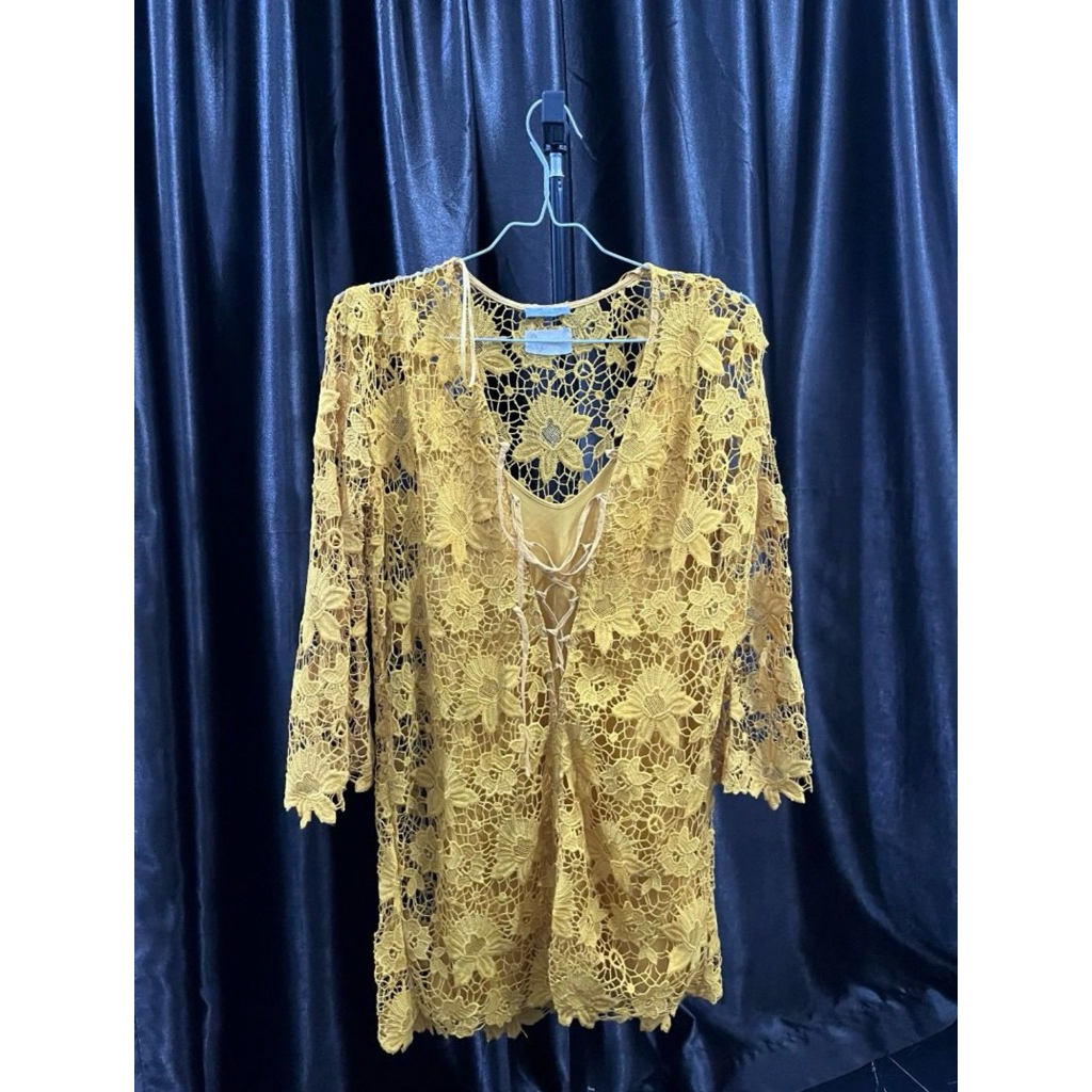 Atasan Tunik Brokat ZARA Lace Boho Kuning Mustard LD 110 Fit XL - Like New