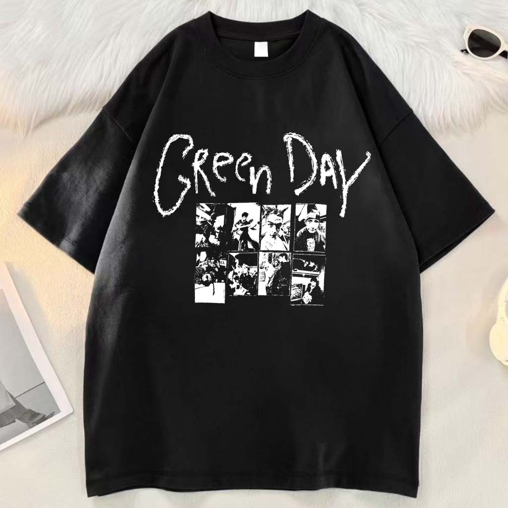 HIGH RAIN American retro Style T-shirt Oversize Original Cetak Desain Retro Jalanan “GReen DAY” Prin