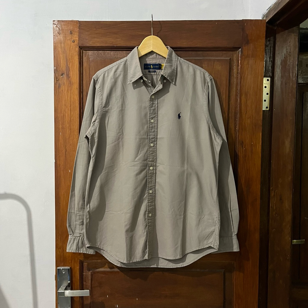 [Fit XL] Polo Ralph Lauren Barcode Cotton Shirt Long Sleeve I Beige Logo Navy I Vintage Vtg Retro Ke