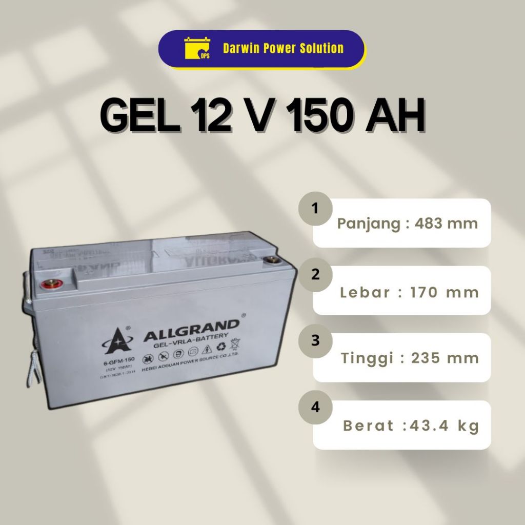 Baterai ups ALLGRAND 12v 150ah gel, battery ups 12v 150ah, aki ups 12v 150ah