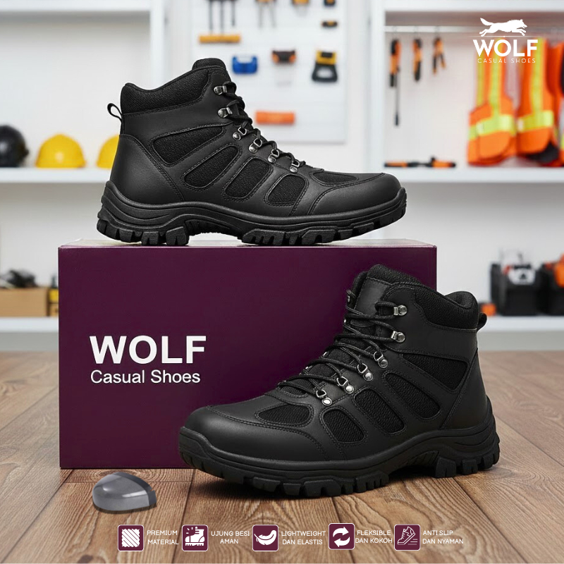 Sepatu Pria Safety Boots Ujung Besi Safety Shoes Pria Sepatu Kerja Proyek Tracking Touring Lapangan 