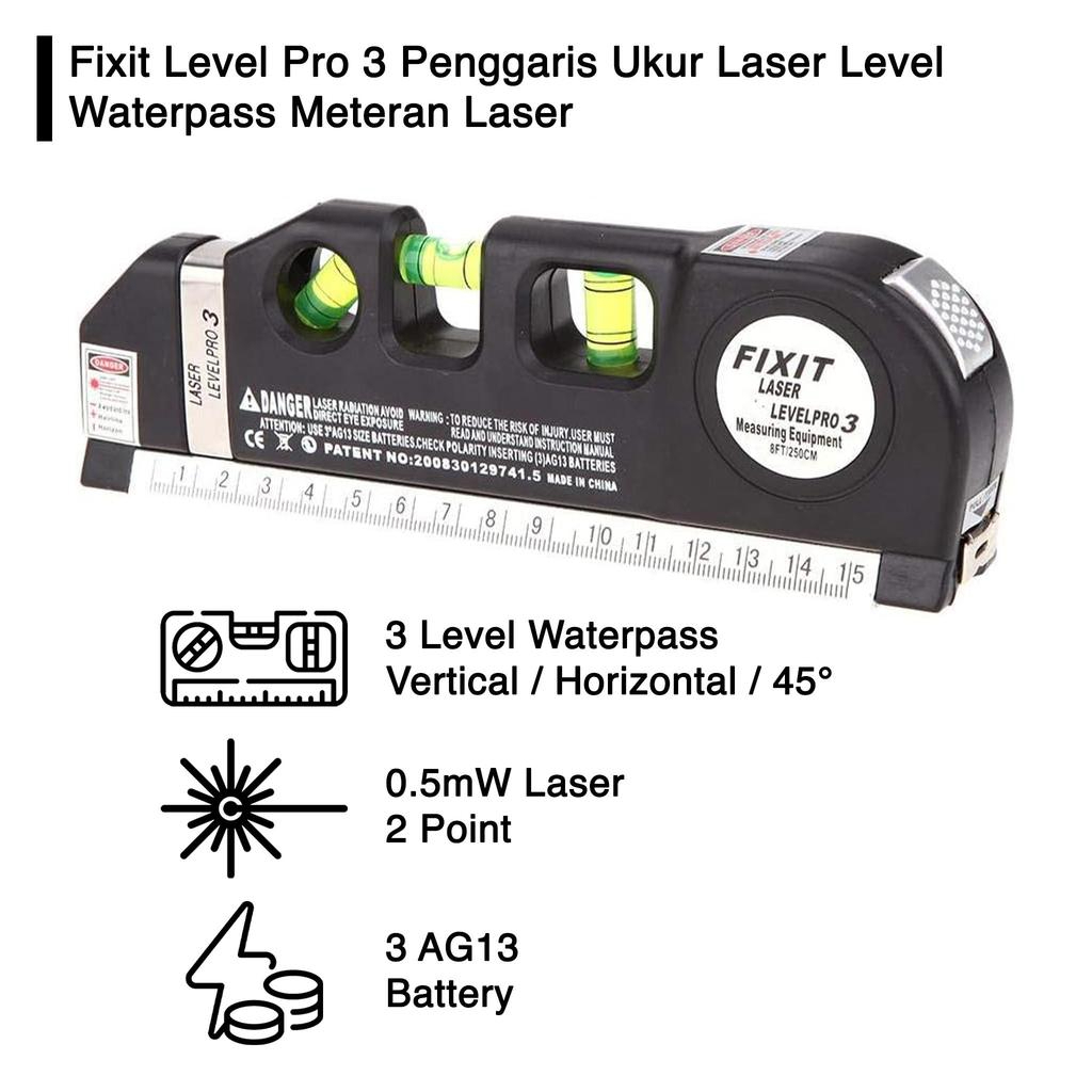 Fixit Level Pro 3 Penggaris Ukur Laser Level Waterpass Meteran Laser