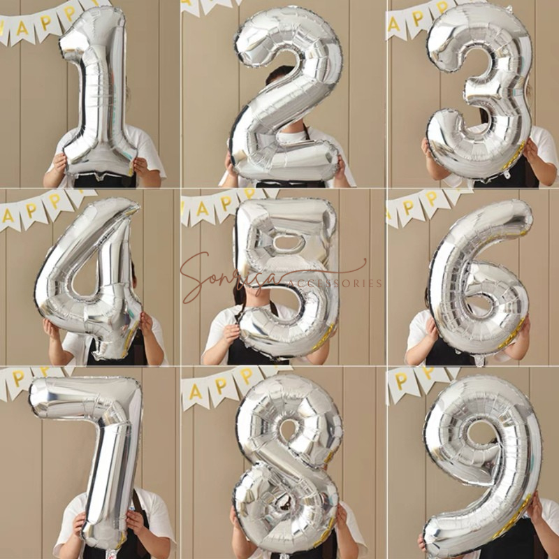 SONRISA - BALON ANGKA SILVER 80CM / BALON FOIL ANGKA 80CM / BALON ANGKA JUMBO