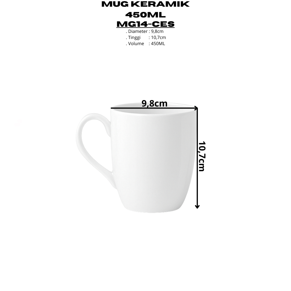 Mug Keramik 450ML (1PCS) Putih Polos By Indo Keramik Gelas Minum Gelas Kopi Gelas Resto Murah Berkua