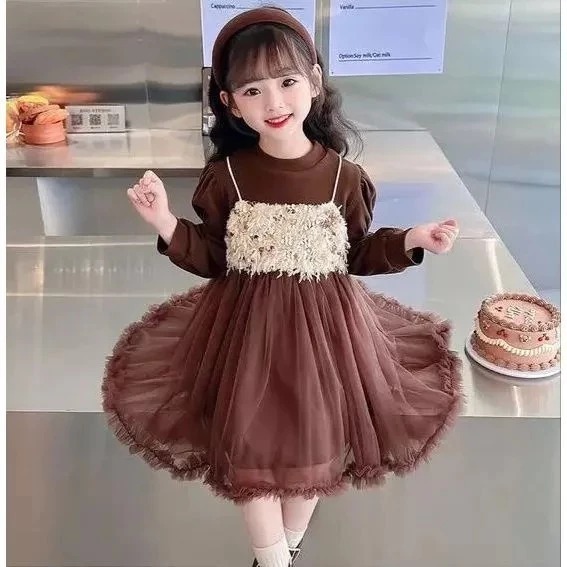 Dress Import Premium Anak Perempuan Usia 1-4 Tahun | Model Dress Tutu Renda Kembang Mix Rompi Tweed 