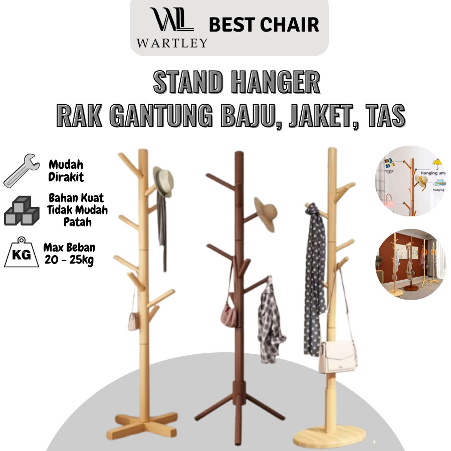 Stand Hanger Kayu Gantungan Baju Tas Gantungan Kayu Berdiri Multifungsi