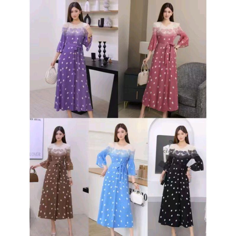 KODE 269 DRESS PLISKET POLKADOT LONG DRESS KEKINIAN | Midi Dress Casual Lengan Trompet Tali Pinggang