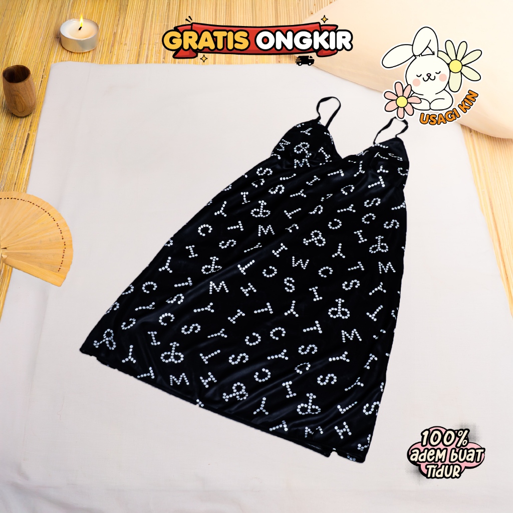 Daster Wanita Satin Hitam Motif Huruf Import – Nightdress Sexy Dress Tidur Perempuan Lingerie Slip D