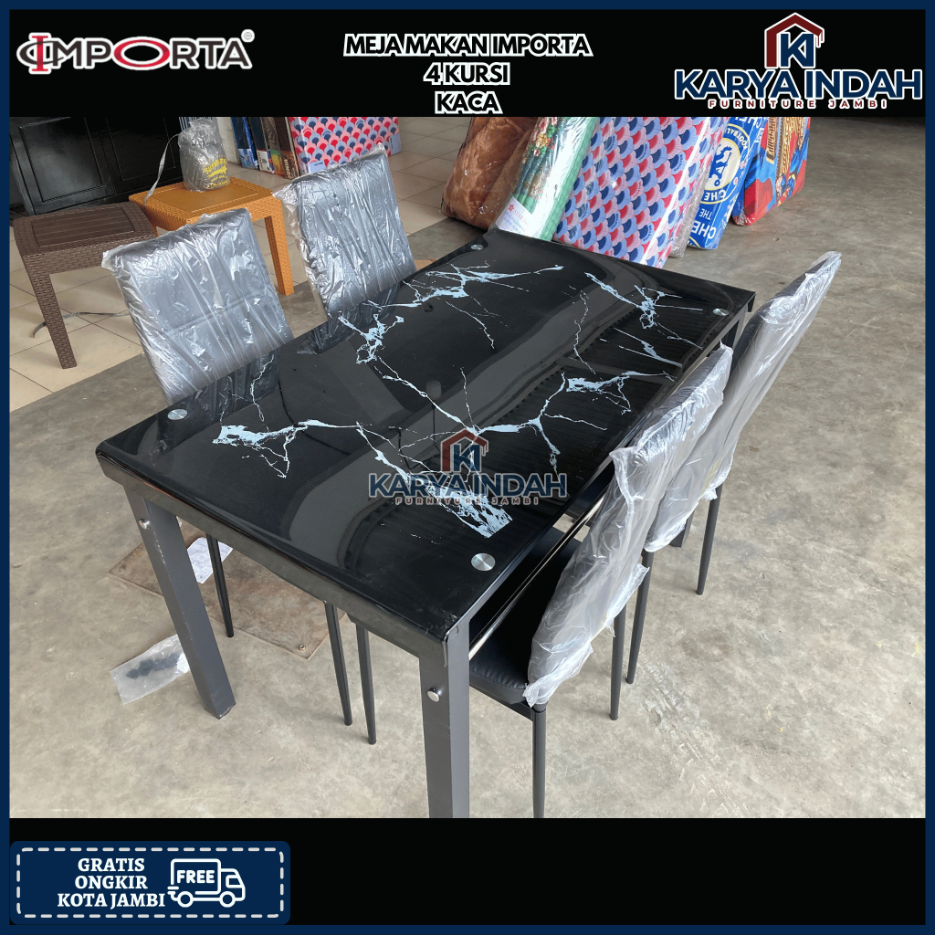 Meja Makan Kaca IMPORTA PEVITA Marble Hitam 4 Kursi Besi Modern Minimalis