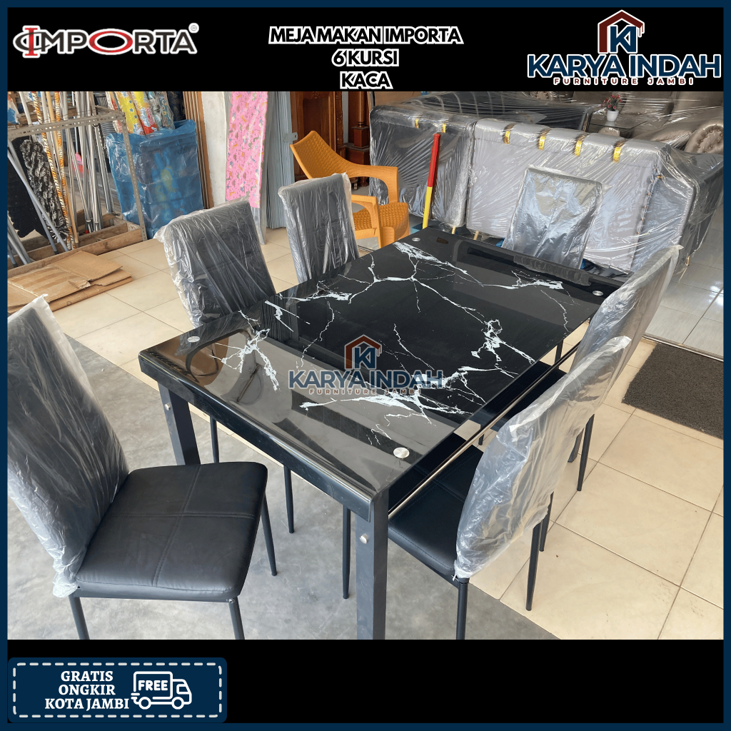 Meja Makan Kaca IMPORTA PEVITA Marble Hitam 6 Kursi Besi Modern Minimalis