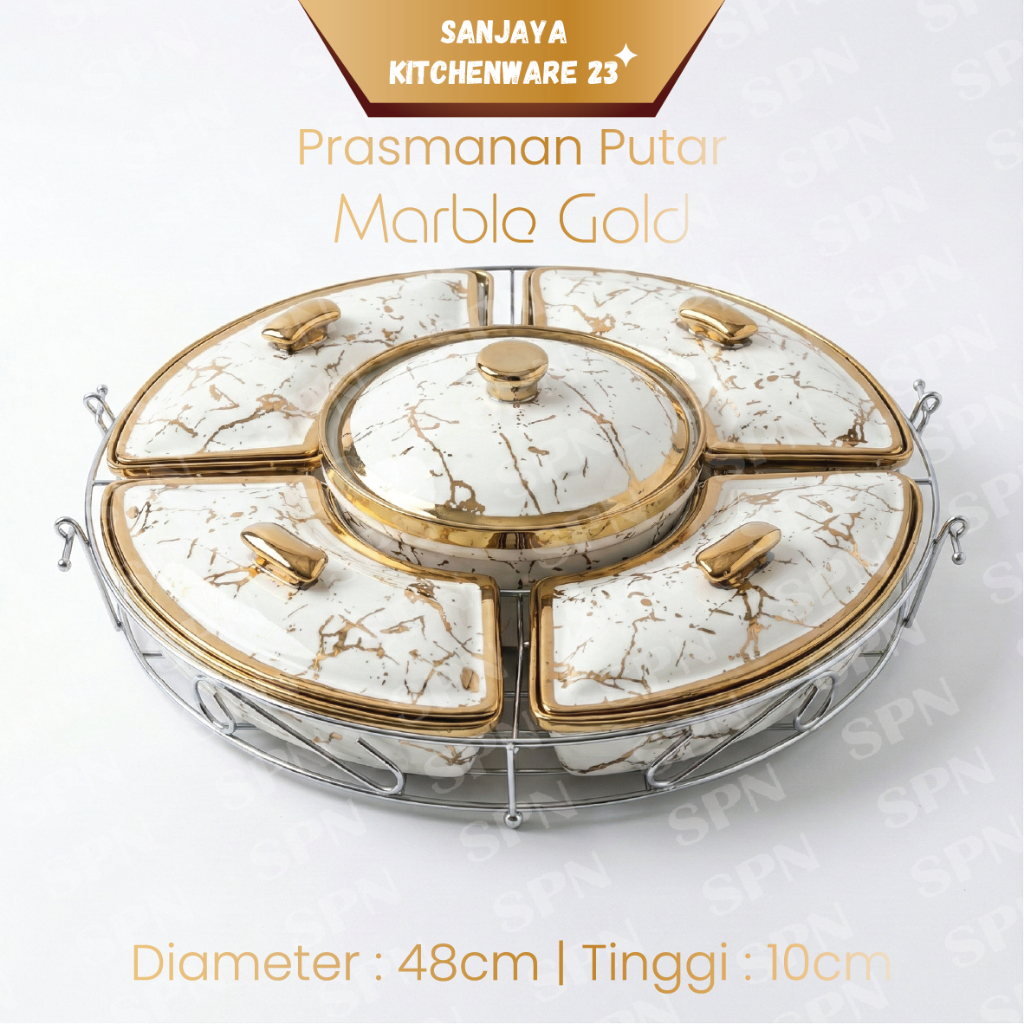 Prasmanan Putar Keramik Porcelain Model Marble Gold Dari Picasso Isi 5 Tempat Saji + 4 Duck spoon + 