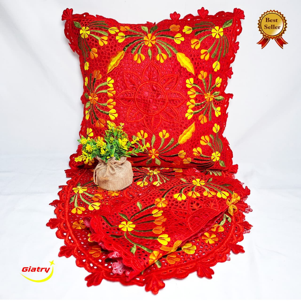 set sarung bantal bordir merah cabe/ caver bantal kursi bordir/ sarung bantal kursi