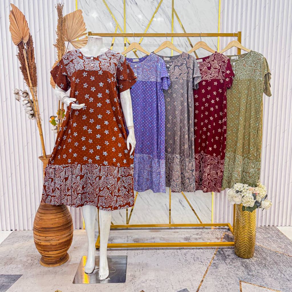 Daster Busui Kancing Midi Dress Wanita Casual Jumbo Rayon Premium Batik Pekalongan Rempel Kekinian