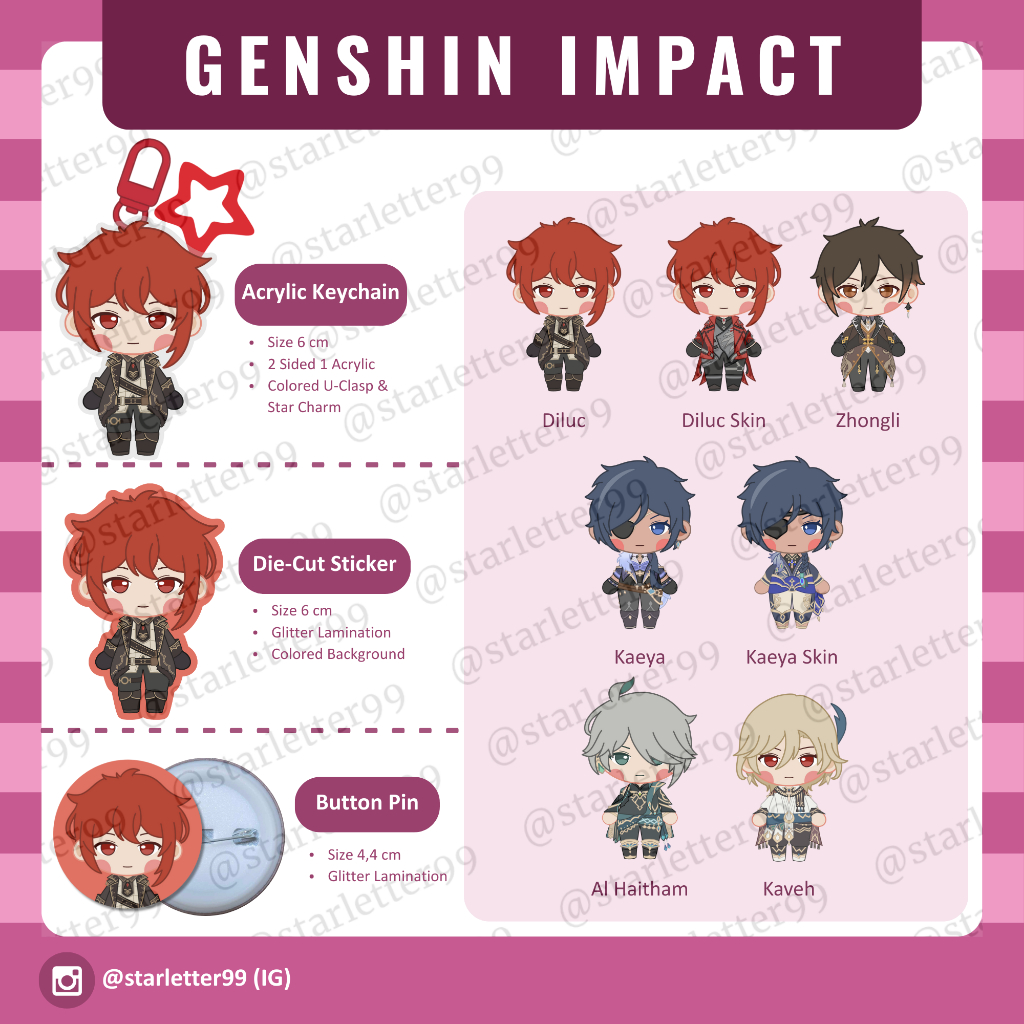 [starletter] Fanmerch Genshin Impact Game Keychain Pin Sticker Diluc Kaeya Zhongli AlHaitham Kaveh