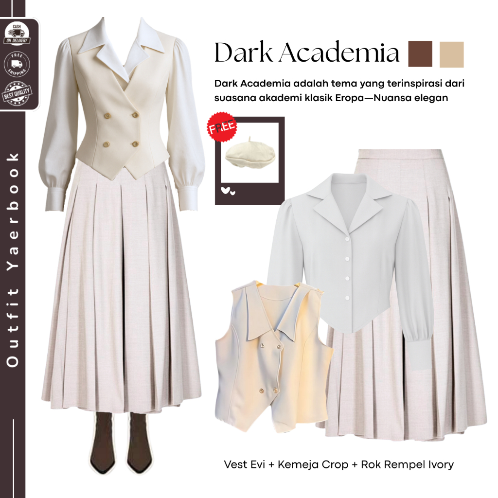 OOTD Yearbook Dark Academia ( Vest Evi + Kemeja Puff + Rok Rempel ) OOTD Yearbook Remaja Viral  - FO