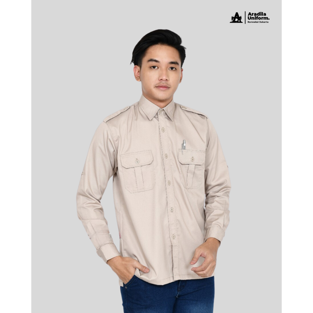 ARADILAUNIFORM Seragam PDL Krem Cream Pria Lengan Panjang/Baju Dinas ASN PDL/Kemeja Kantor PDL/PDL C