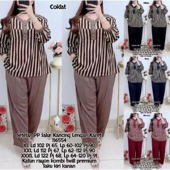 SETELAN WANITA MOTIF SALUR KOMBINASI POLOS |  SET ANDIN LENGAN PANJANG |