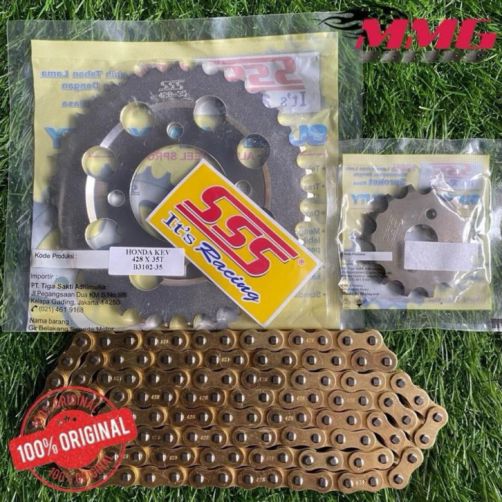 Original Gear Set SSS 428 + Rantai Gold Polos untuk motor Supra X Lama, Supra Fit Lama, Legenda, Ast
