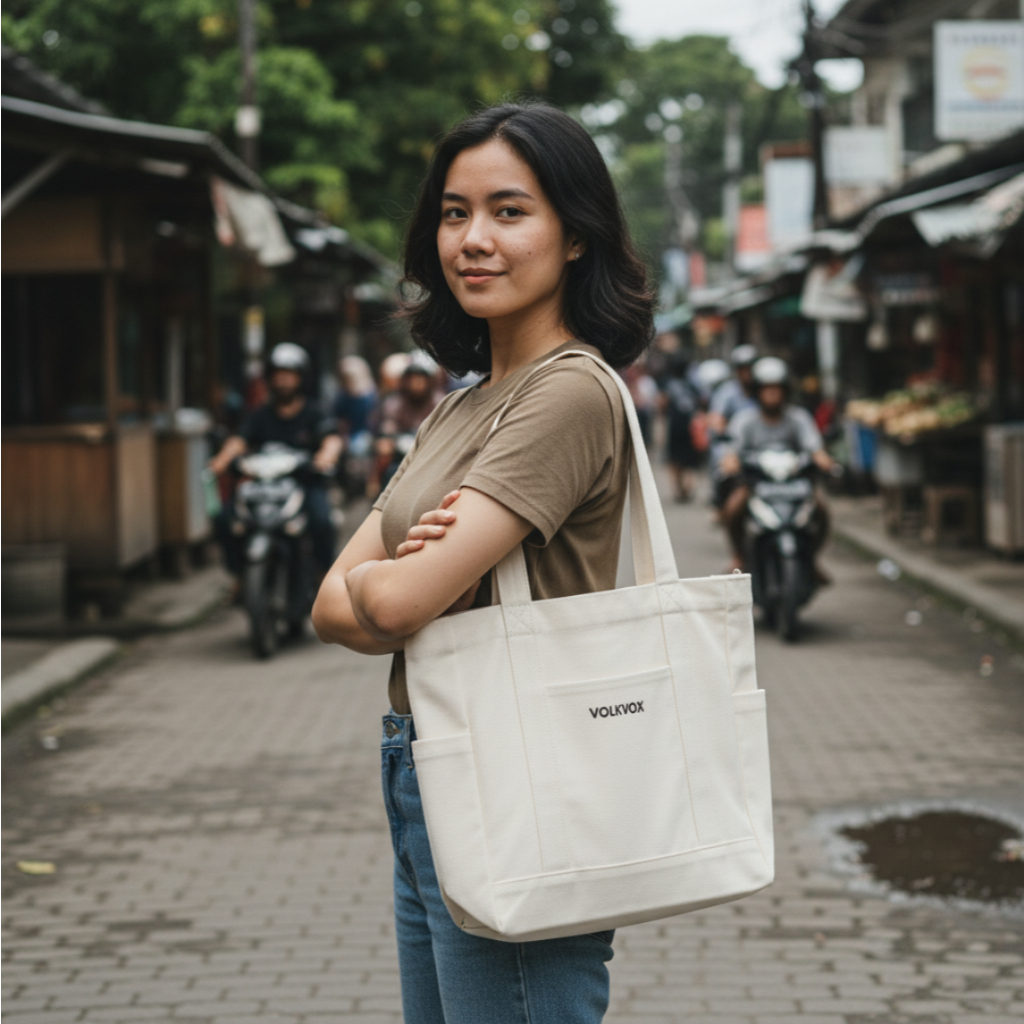 VOLKVOX Totebag Charlotte Putih Tulang - Totebag Kanvas Resleting Putih Tulang Tote Bag Kerja Toteba