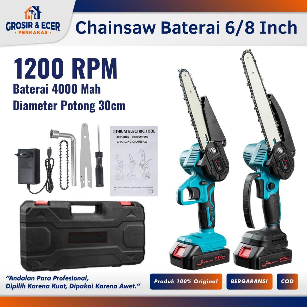 Gergaji Mesin Mini Pemotong Kayu Cordless Chainsaw Mini Listrik Portable Lithium Fligman - 8 Inch Ge