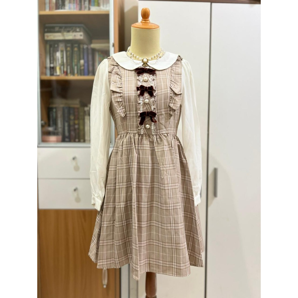 Ank Rouge Kawaii Dress Ryousangata square lines brown dress
