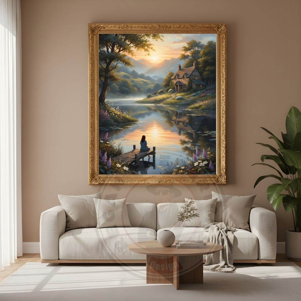 Hiasan Dinding Mewah Pemandangan Alam Cottage Danau 60x75cm | Lukisan Printing HD + Bingkai Kaca | D