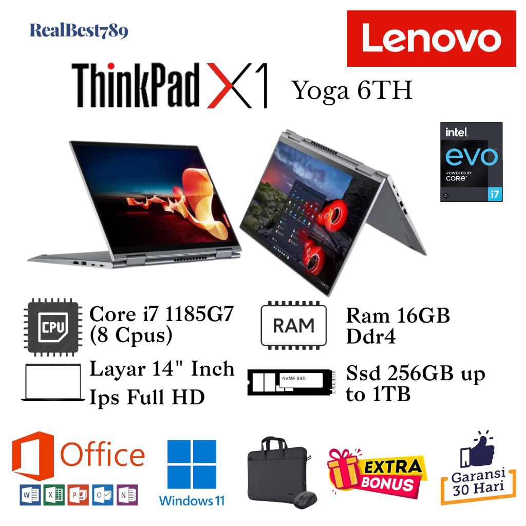 Laptop 2in1 Lenovo ThinkPad X1 Yoga 6Th Core i5/i7 (11TH GEN) Ram 16GB Ssd 1TB Layar 14in Ips Full H