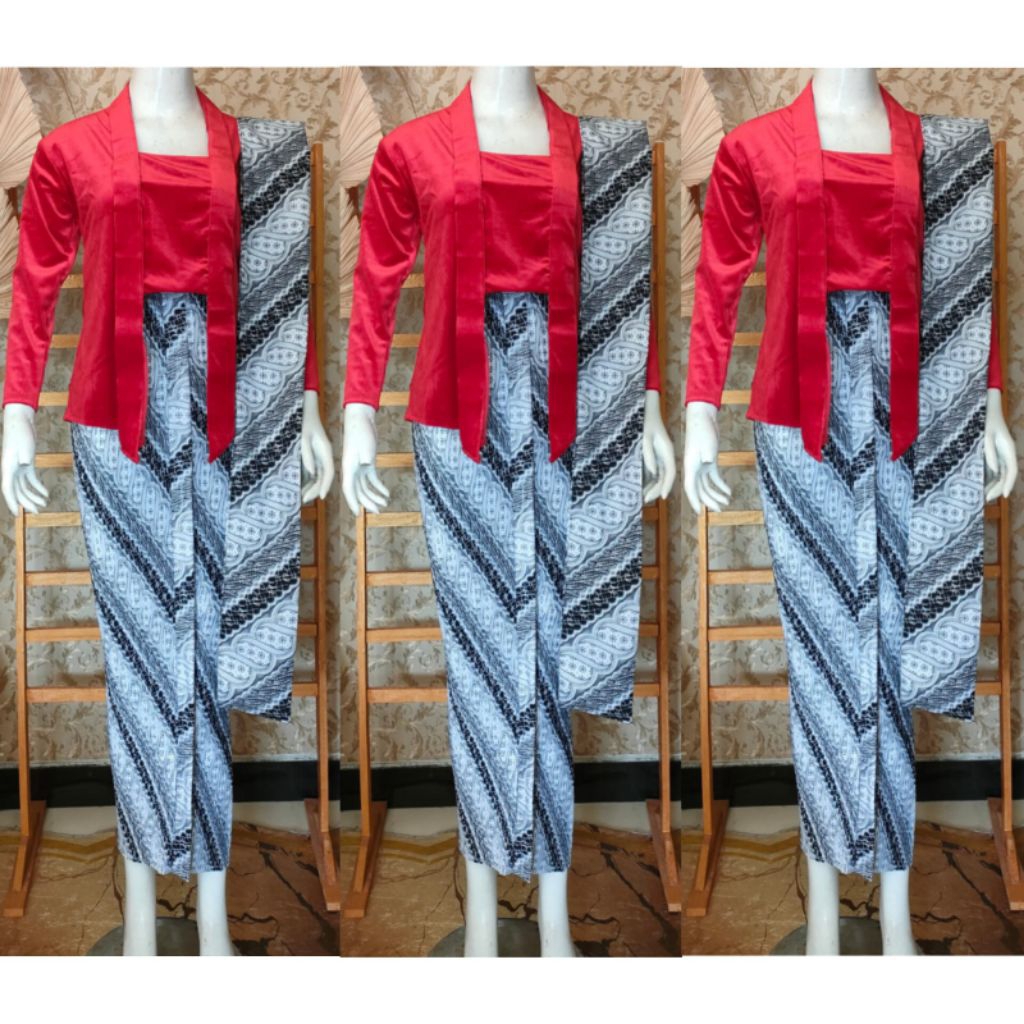 Setelan Kebaya Kutubaru Bludru Warna Merah/Kebaya+Selendang+Jarik Wiru Plisket Motif Sodan Putih