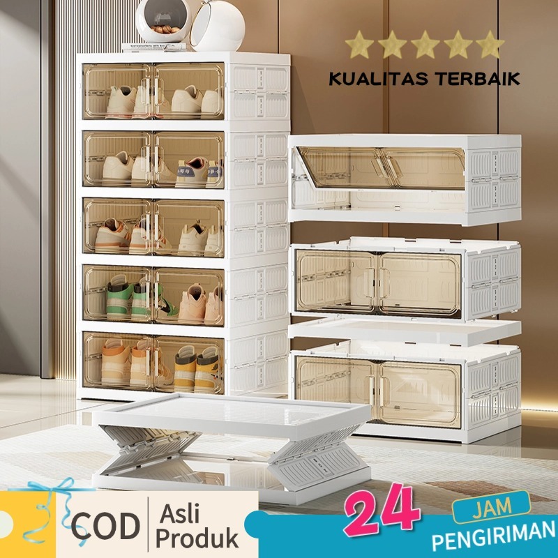 Rak Sepatu Lipat Lemari Sepatu Kotak Sepatu Susun Box Display Maina Transparan Kokoh Bebas Debu Lema