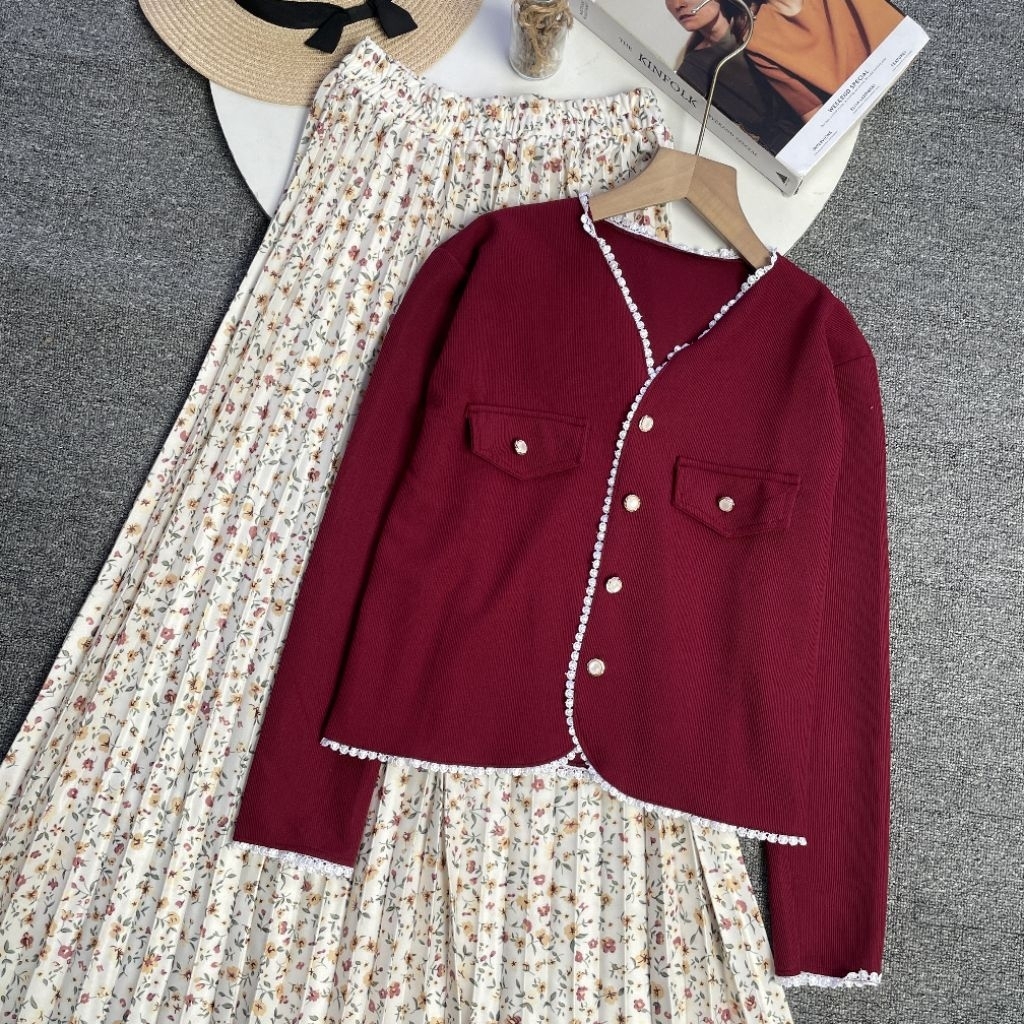 violine store - ONESET SETELAN WANITA KEKINIAN CROP CARDI KNIT RENDA ROK PLISKET HYGET PREMIUM  KEKI