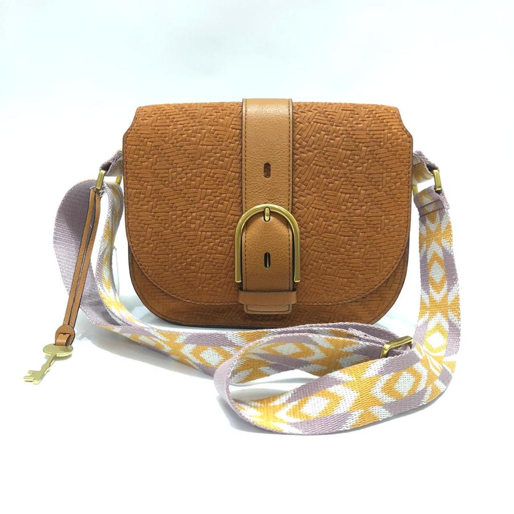 Tas Wanita Saddle Wiley Warna Tan Embossed dengan Kanvas Strap - 100% Original