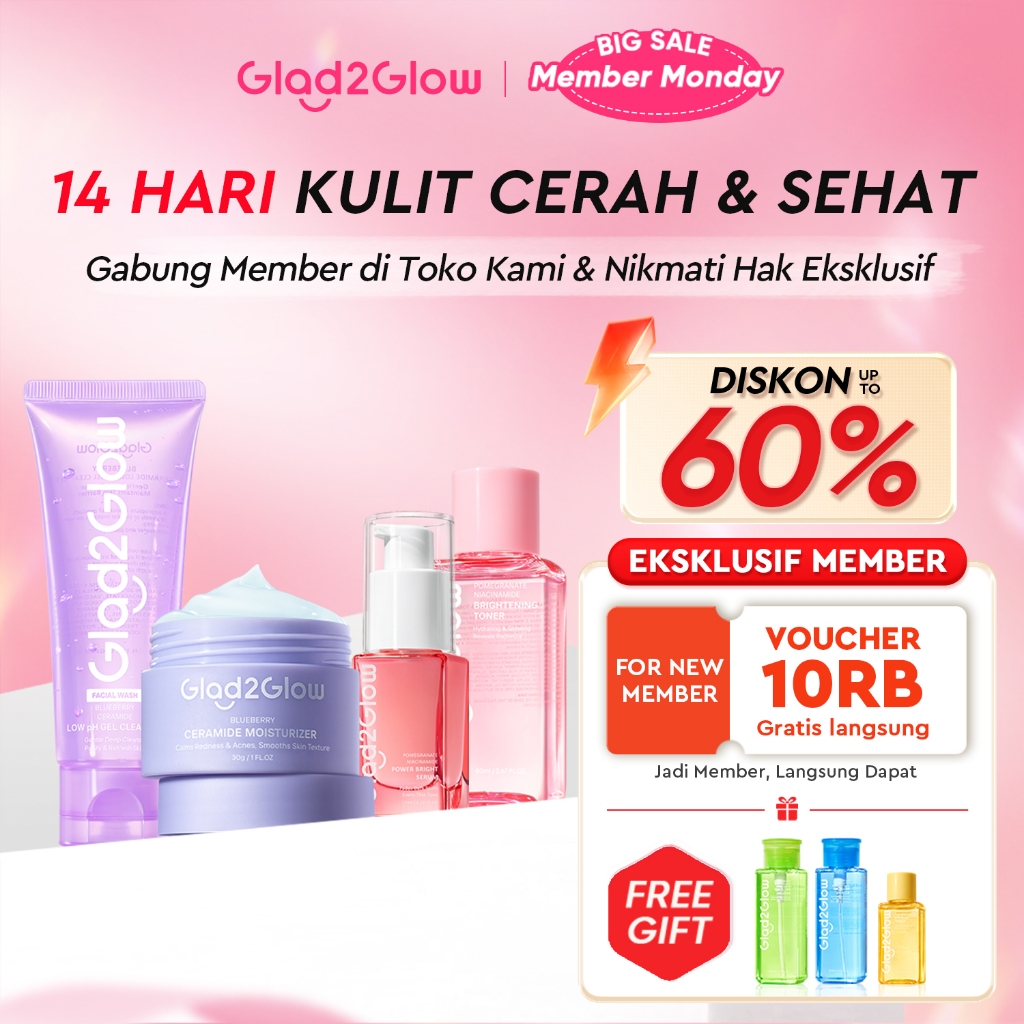 [SET REPAIR&GLOWING]Glad2Glow Glowing&Sehat&Lembap Bundle 4in1-Blueberry Moisturizer+Cerah Krim+Brig