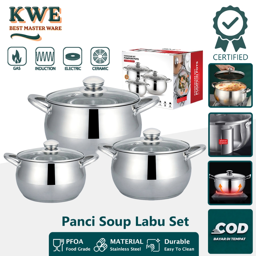KWE Panci Soup Labu 3PCS Set 20+22+24CM Panci Masak Soup Stainless Steel High Quality Tutup Kaca Pum