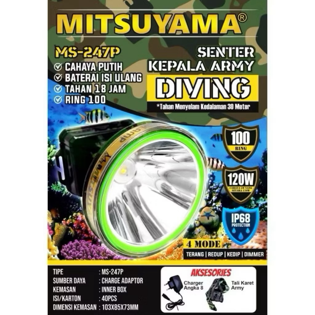 Senter Kepala Mitsuyama Army Diving MS-247P 120Watt Terbaru MS247Pr