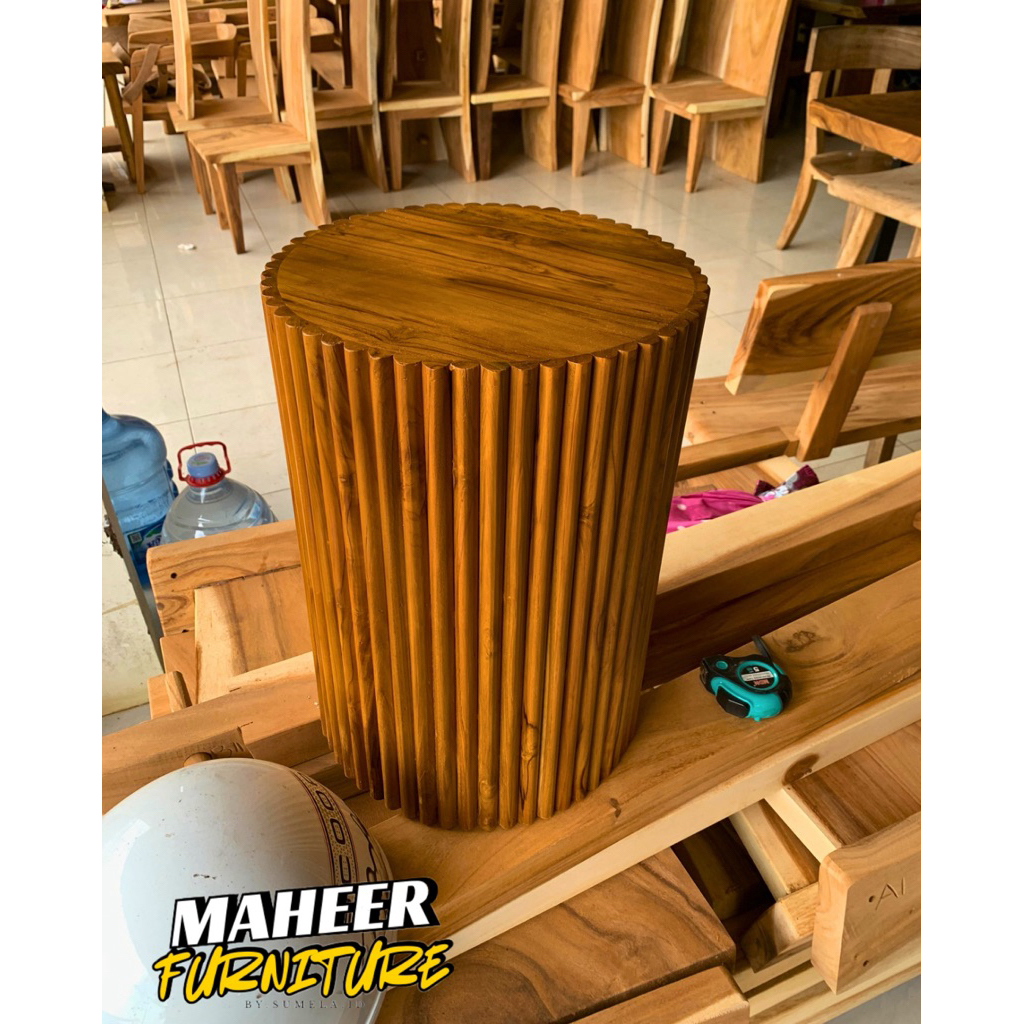 STOOL KURSI MOTIF SALUR BULAT KAYU JATI ASLI