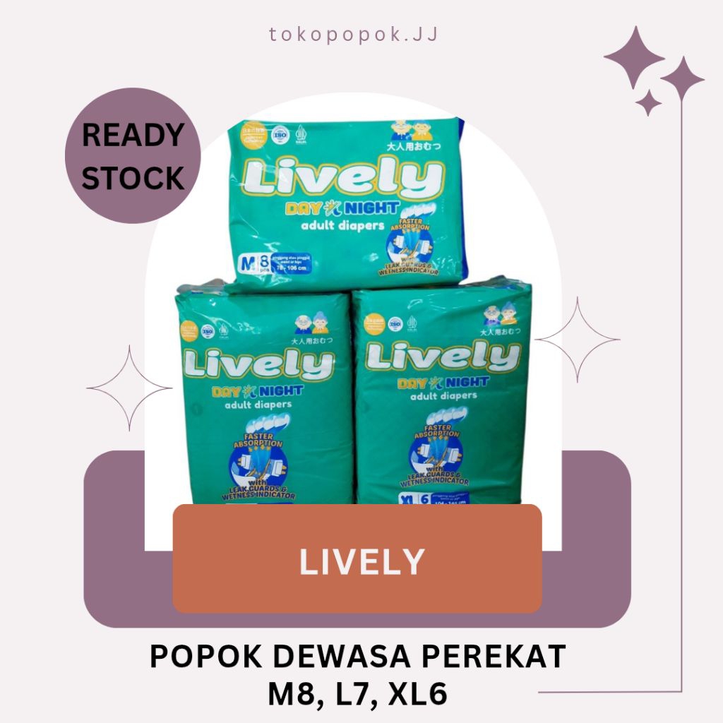 LIVELY, Popok Dewasa Perekat, AM:PM, Siang-Malam. Daya serap tinggi, Anti Ruam.