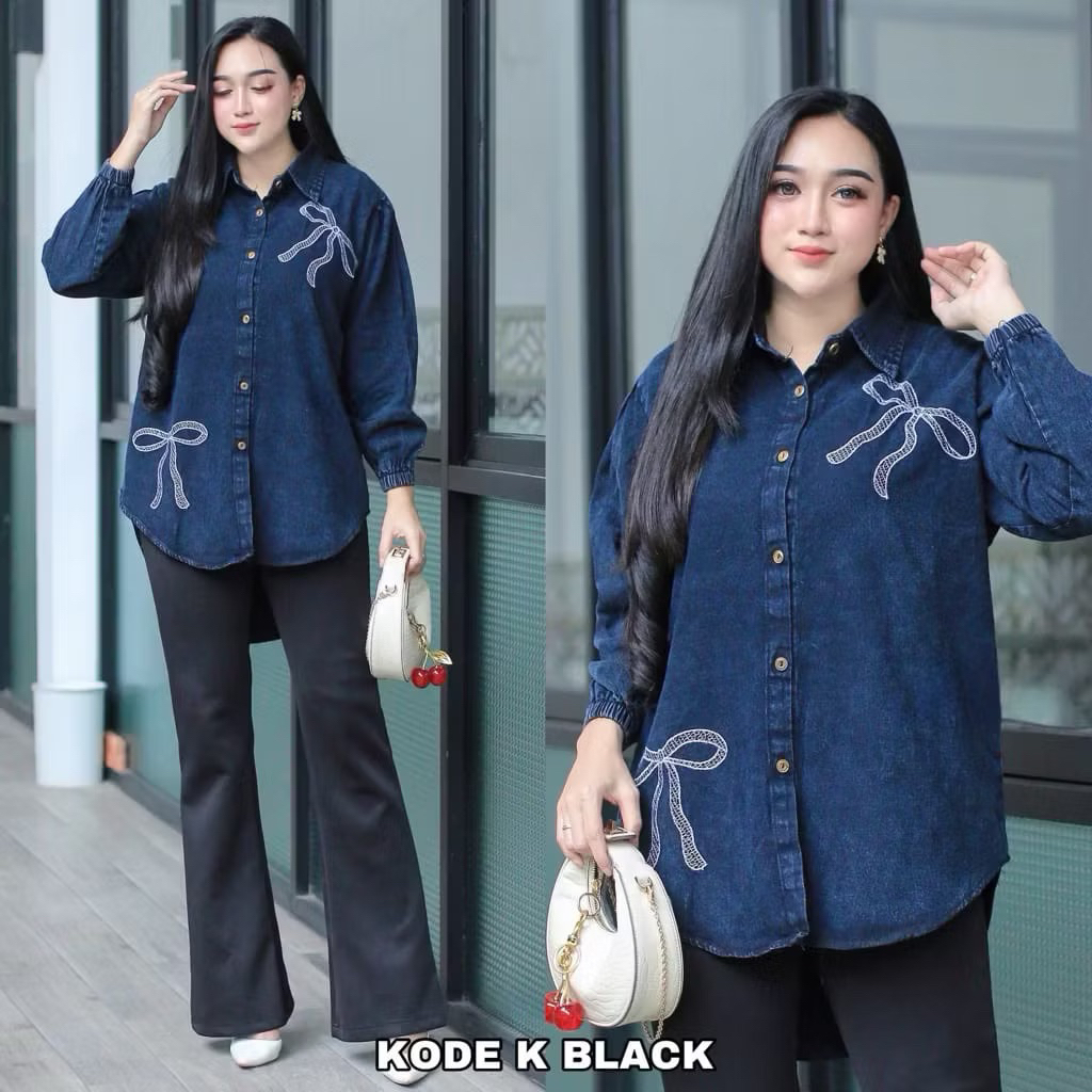 Kemeja Jeans Bordir Timbul - Atasan jeans Wanita - Kemeja Bordir Timbul Kekinian - Kemeja Jeans Moti