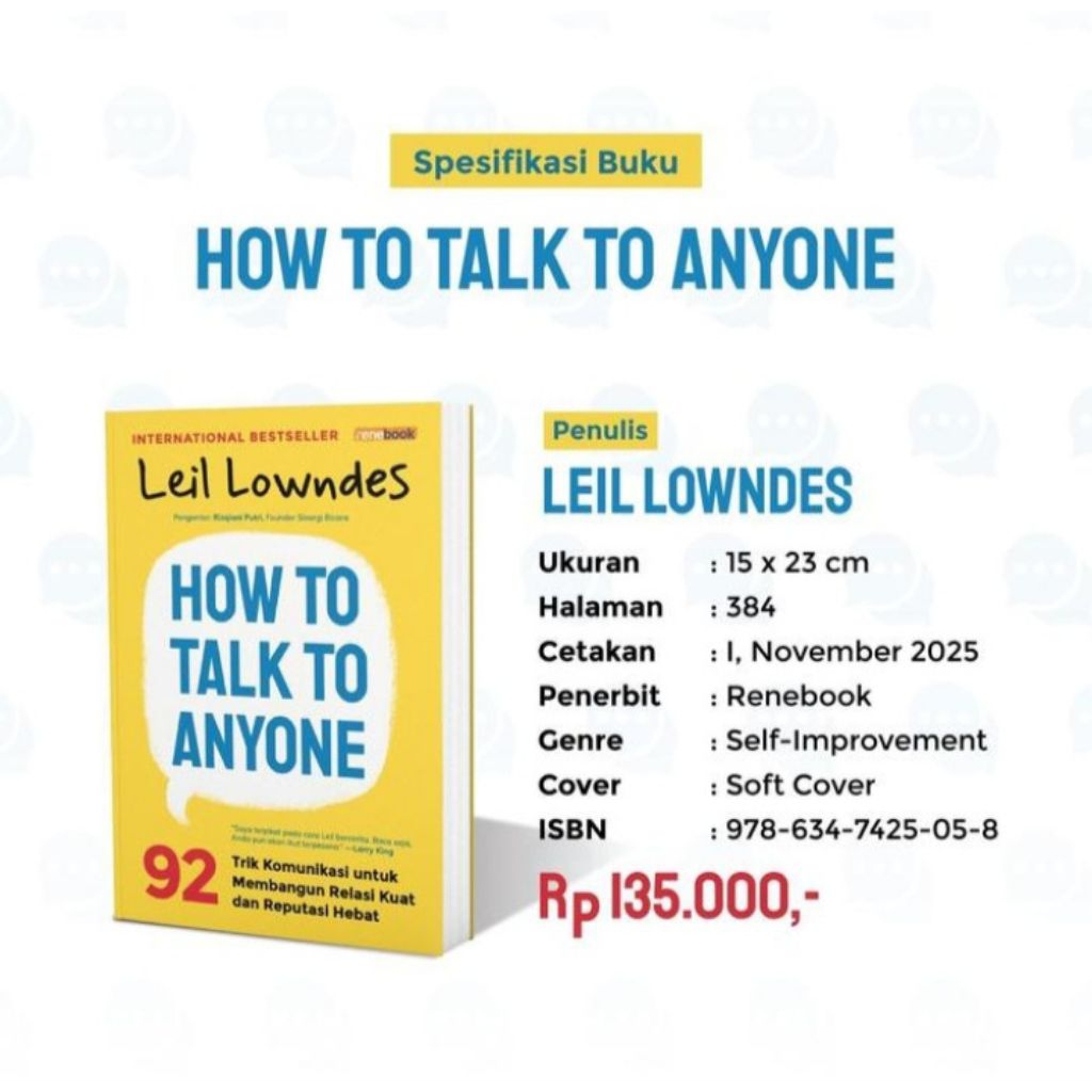 BUKU ORIGINAL TERJEMAH BAHASA INDONESIA HOW TO TALK TO ANYONE LEIL LOWNDES PENERBIT RENEBOOK