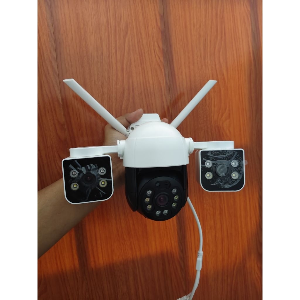 Cctv 3 lensa konek hp pantau jarak jauh berputar 360 derajat dan bersuara V380