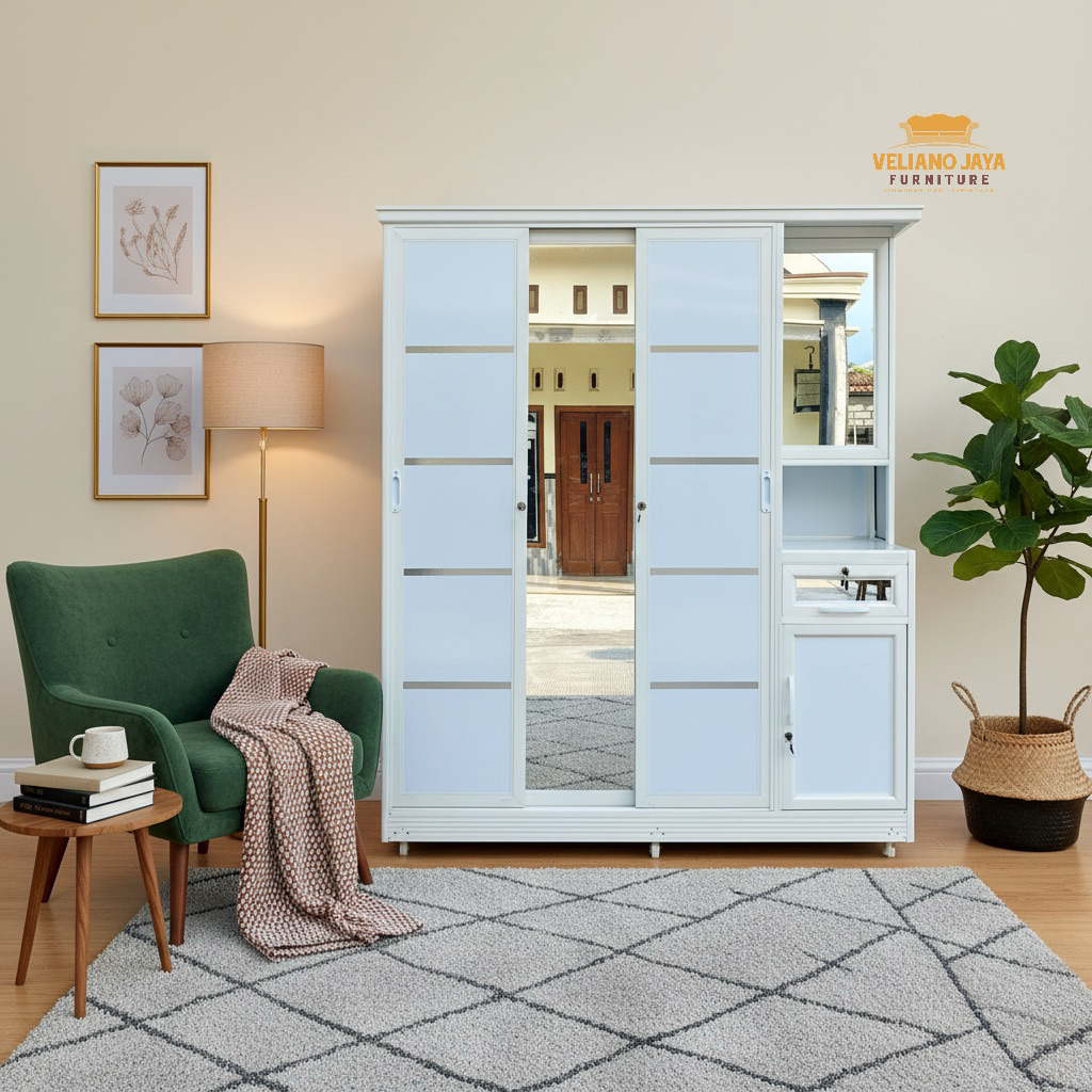 Lemari 3 Pintu Sleding + 2 Laci + Tolet // Bahan Alumunium Kaca & Acp