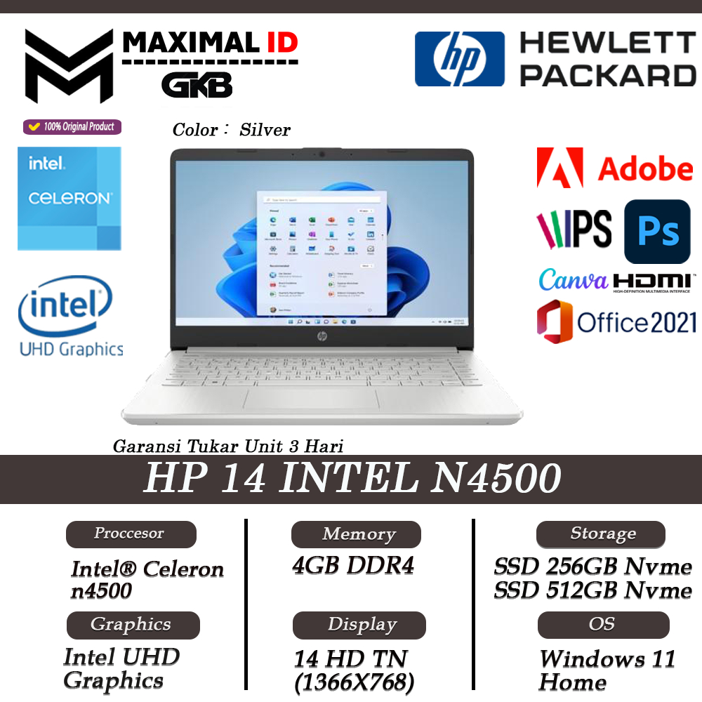 Laptop Baru Hp 14 Intel N4500 Ram 8GB 256GB SSD 14 Inch Windows11 Ori