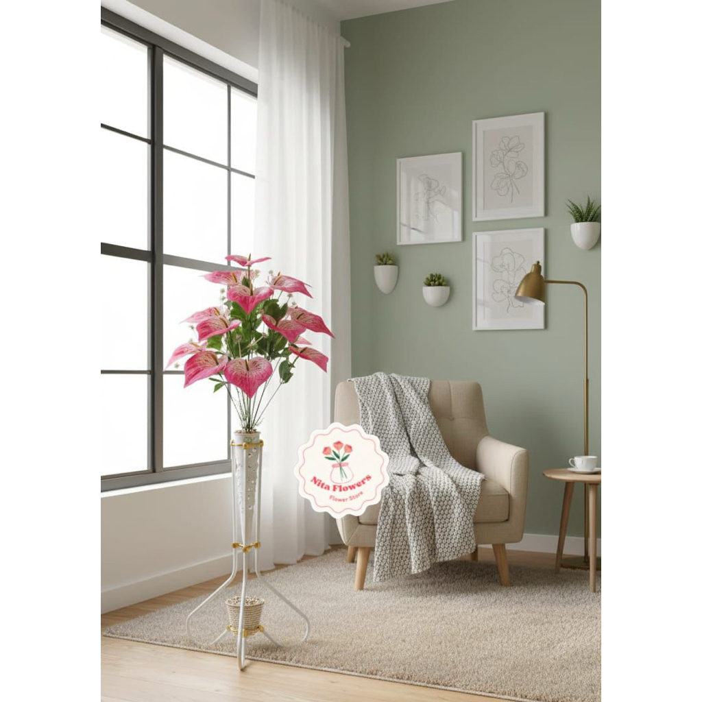 Bunga Aron Panda 18 Kuntum Premium dengan Pot dan Standing Besi Bunga Sudut Ruangan