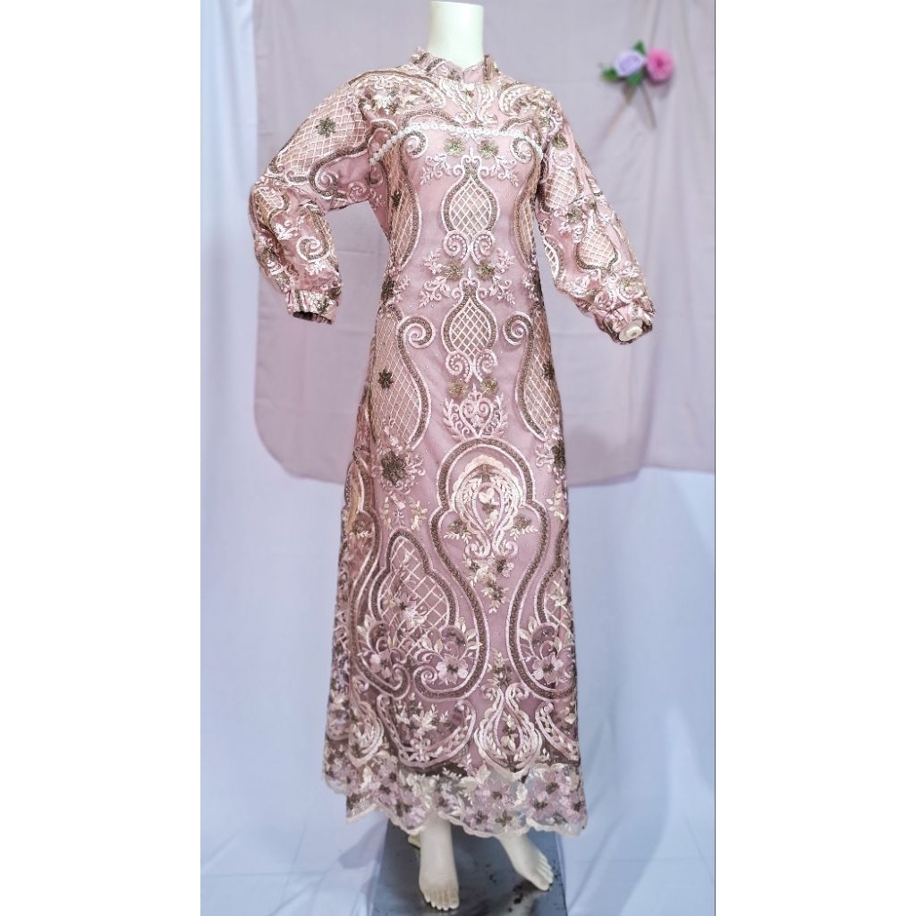 Gamis Brokat Premium Kondangan Wanita | Dress Pesta Wisuda Tile Elegan Lengan Balon