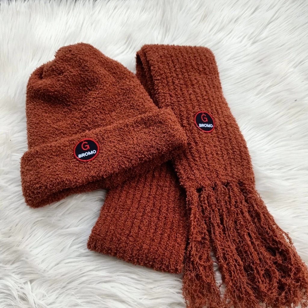 Set Kupluk dan Syal Bromo Satu paket Topi Rajut Dieng Tebal Hangat Musim Dingin Pria Wanita Murah