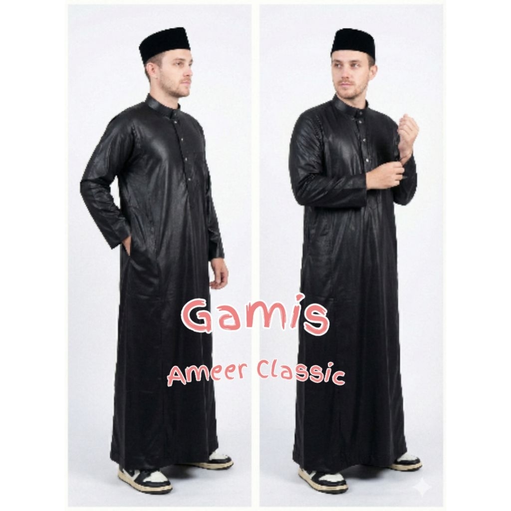 Jubah Pria Gamis Thobe Dewasa Arab Saudi Ameer Classic bahan katun madina motif polos
