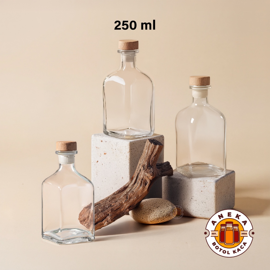 Botol Kaca Liquor Square, Botol Kaca Kotak 250ml Tutup Tekan Botol Kotak Minuman Beverage Susu Juice