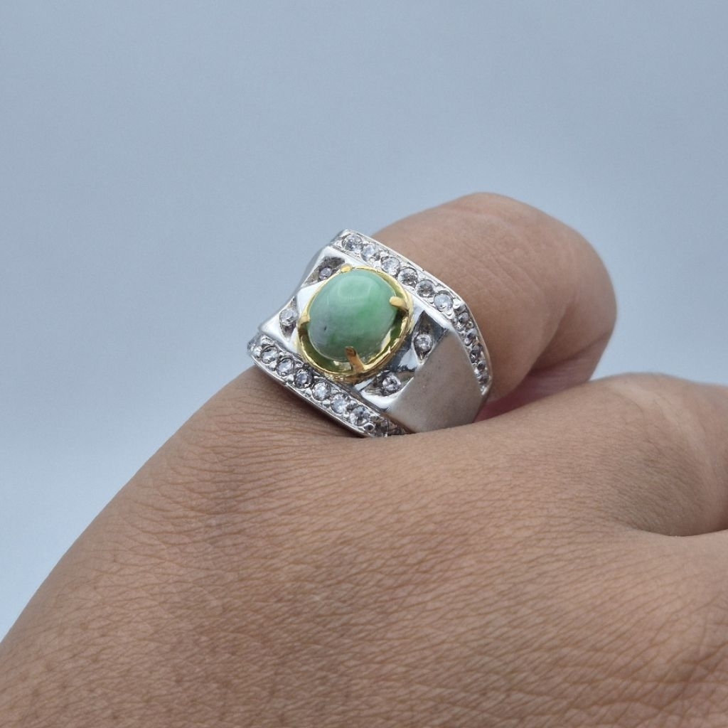 Cincin perak batu Natural Giok Burma Type A, ukuran jari bisa disesuaikan (freesize), natural giok b