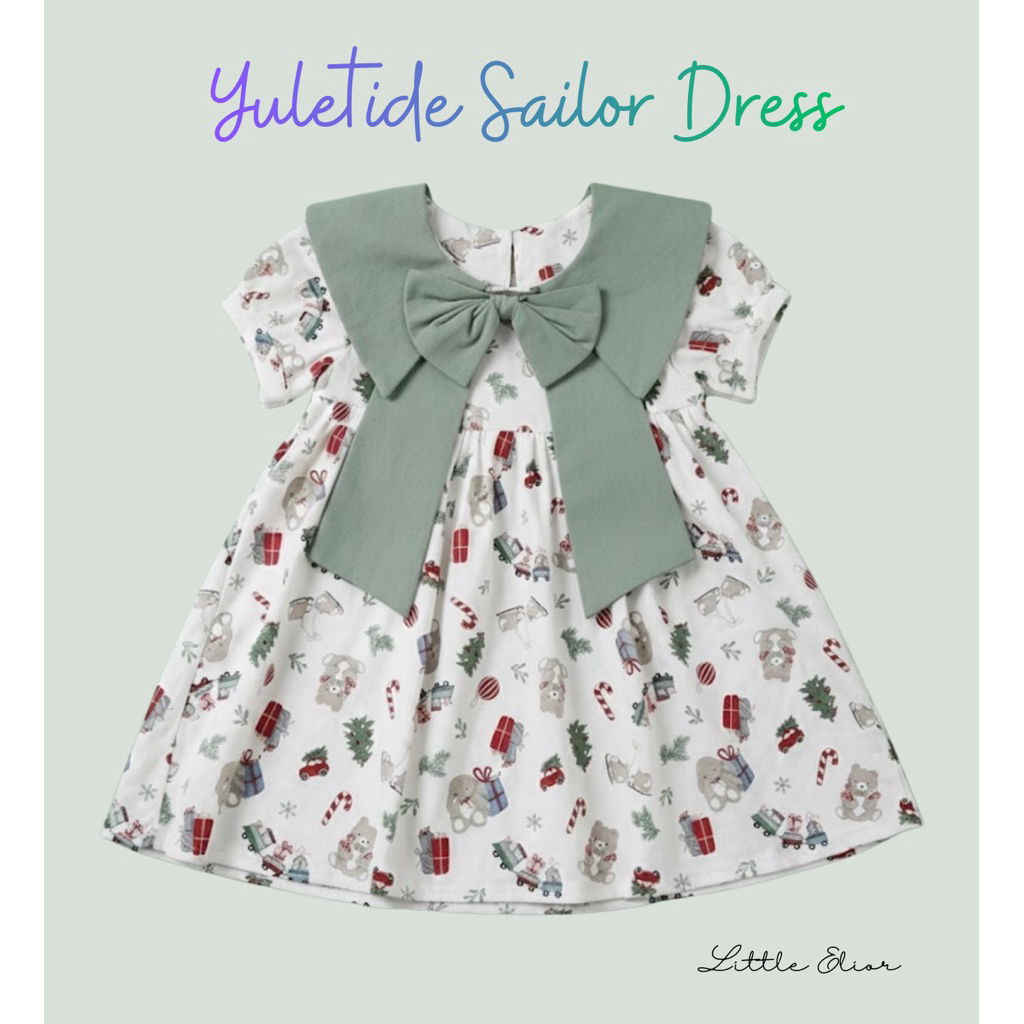 Little Elior - Yuletide Sage Dress | Dress Anak Perempuan Kerah Sailor Sage Green | Gaun Natal Mewah