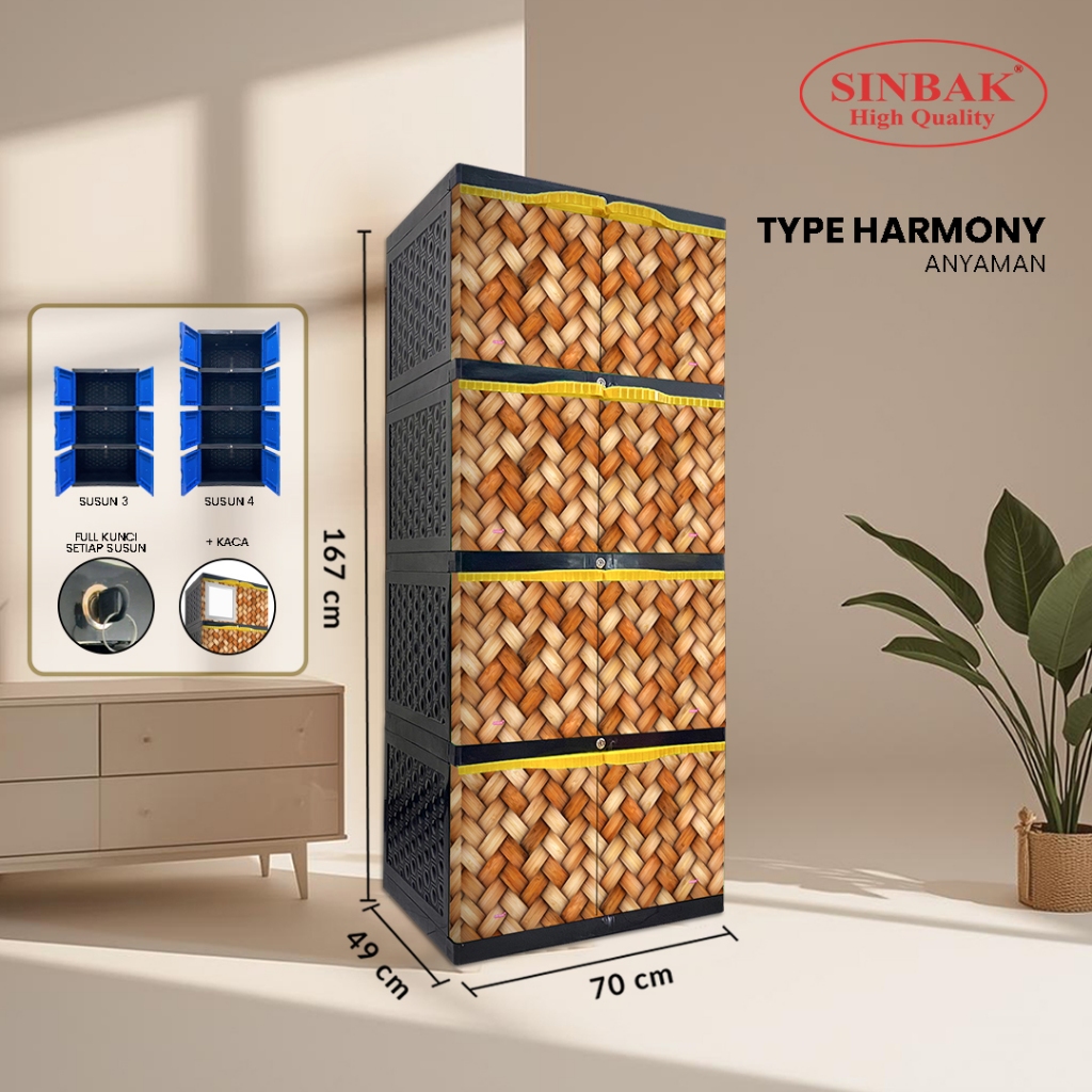 SINBAK Lemari Plastik Type Harmony 3 dan 4 Susun, Full kunci + Kaca