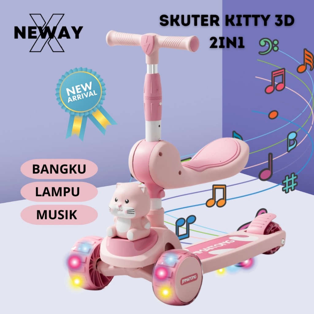 NewayX Skuter Mainan Anak Kucing 3D 2 in 1 Scooter Lipat 2in1 Duduk Roda Tiga Lampu Musik Rem Toys